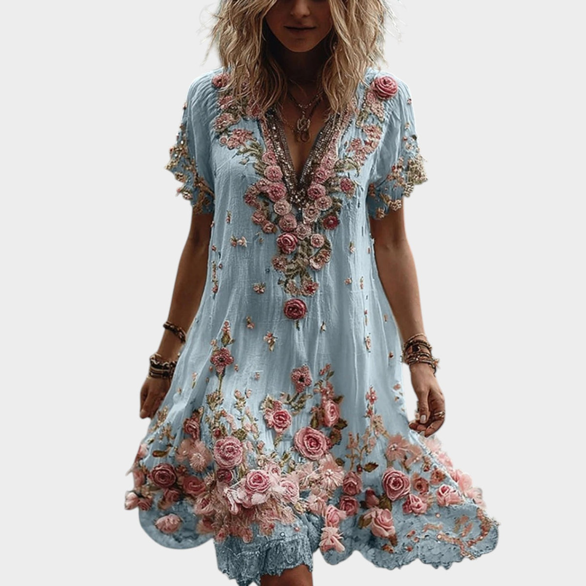 Women’s Floral Embroidered V-Neck Midi Dress with Short Sleeves