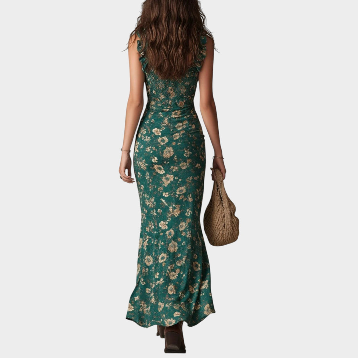 Women’s Boho Maxi Dress with Ruffle Straps, Floral Print and High Side Slit