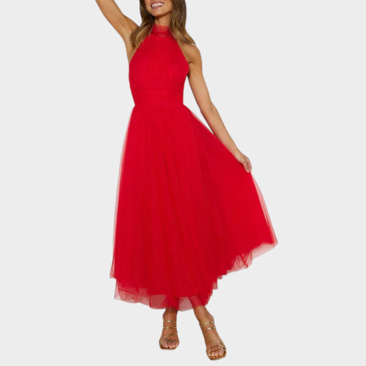 Women’s Halter Neck Midi Dress with Tulle Full Skirt