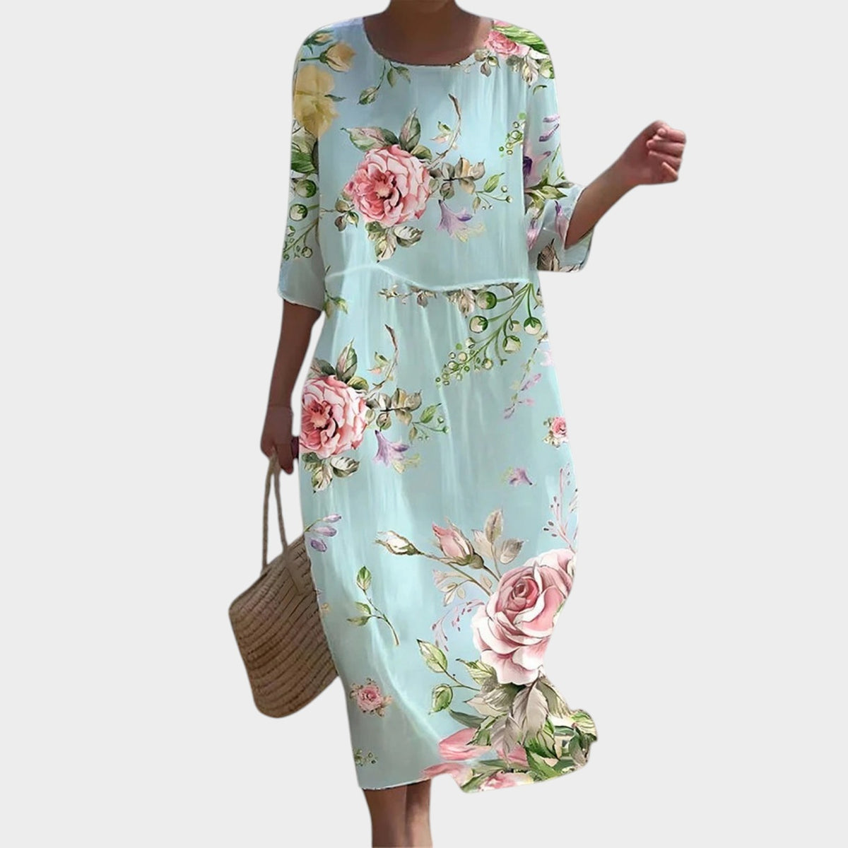 Women’s Floral Midi Dress Round Neck Three-Quarter Sleeves