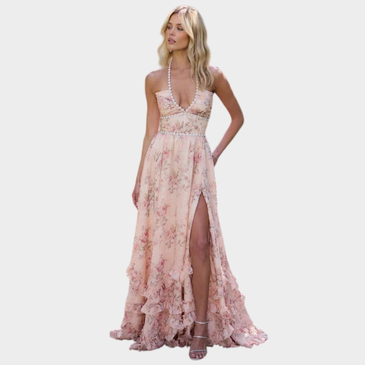 Women’s Floral Maxi Dress with Halter Neck, Deep V-Neckline and Ruffle Hem
