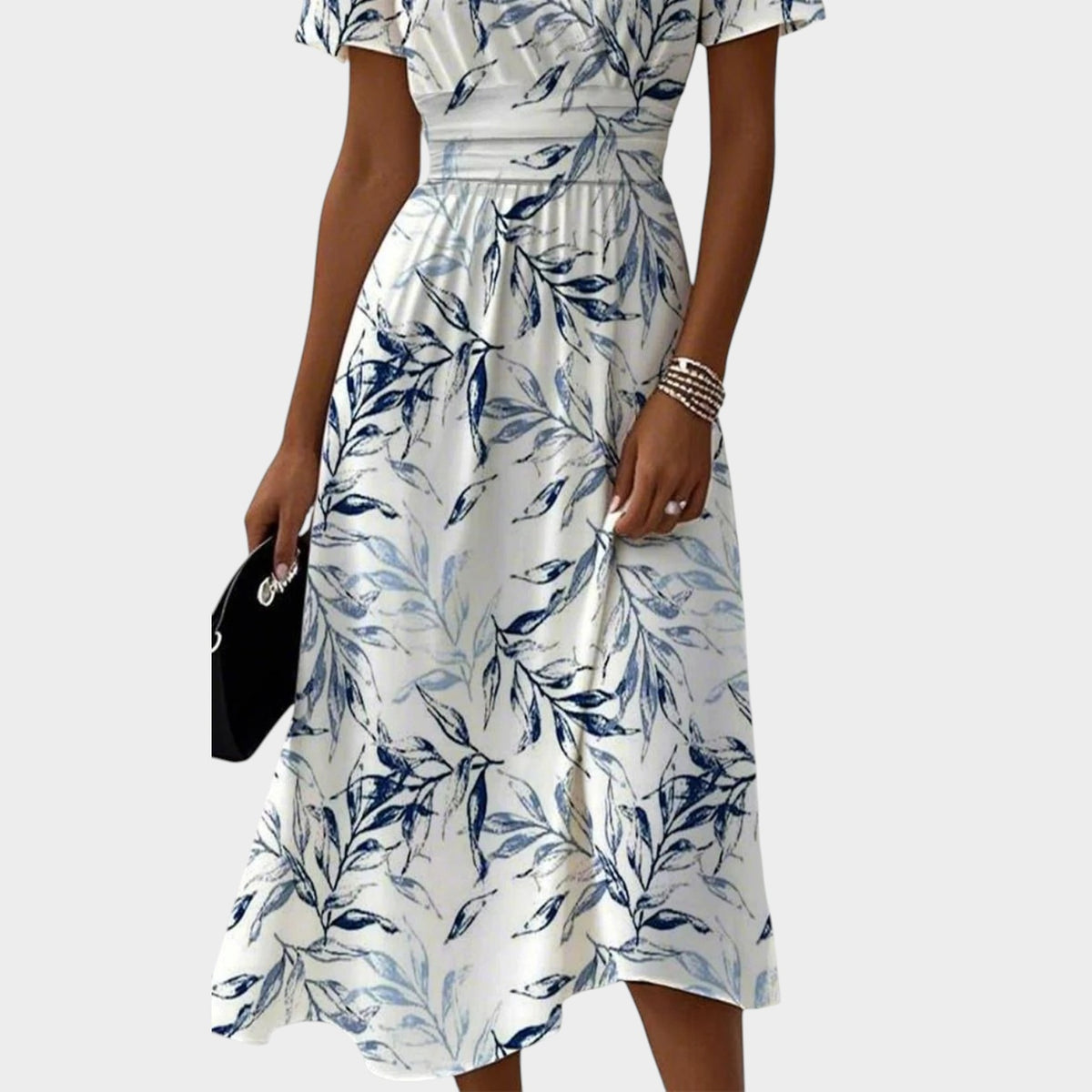 Women’s Floral Print Midi Dress with V-Neck and Short Sleeves