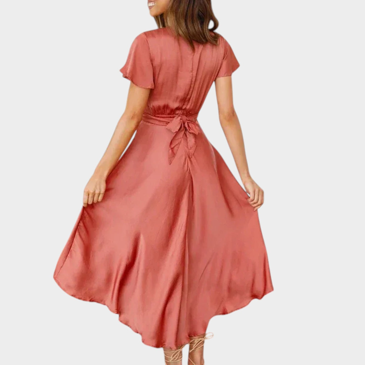 Women’s V-Neck Midi Dress with Flutter Sleeves, Front Knot and Asymmetric Hem