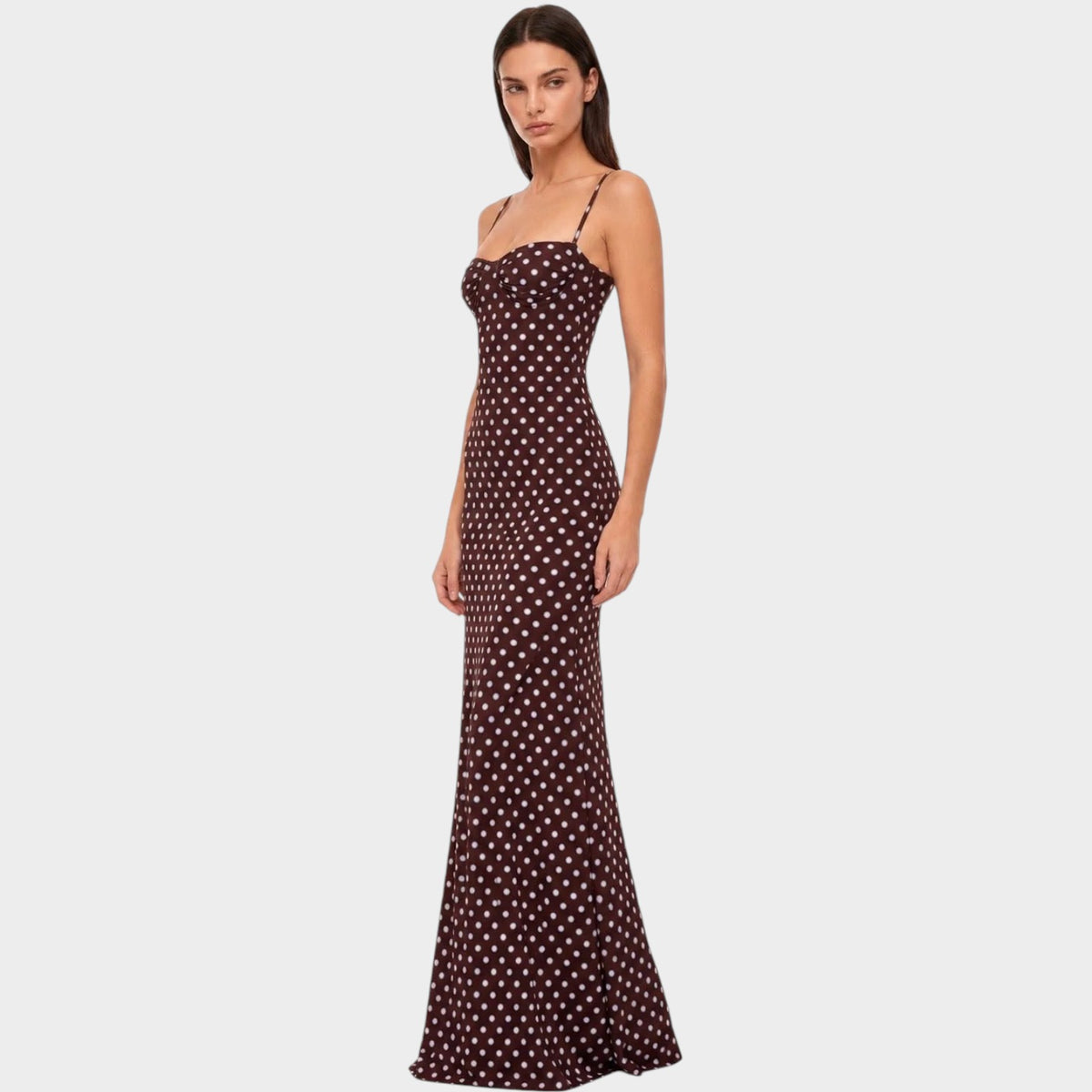 Women’s Polka Dot Maxi Dress with Adjustable Spaghetti Straps and Fitted Bodice