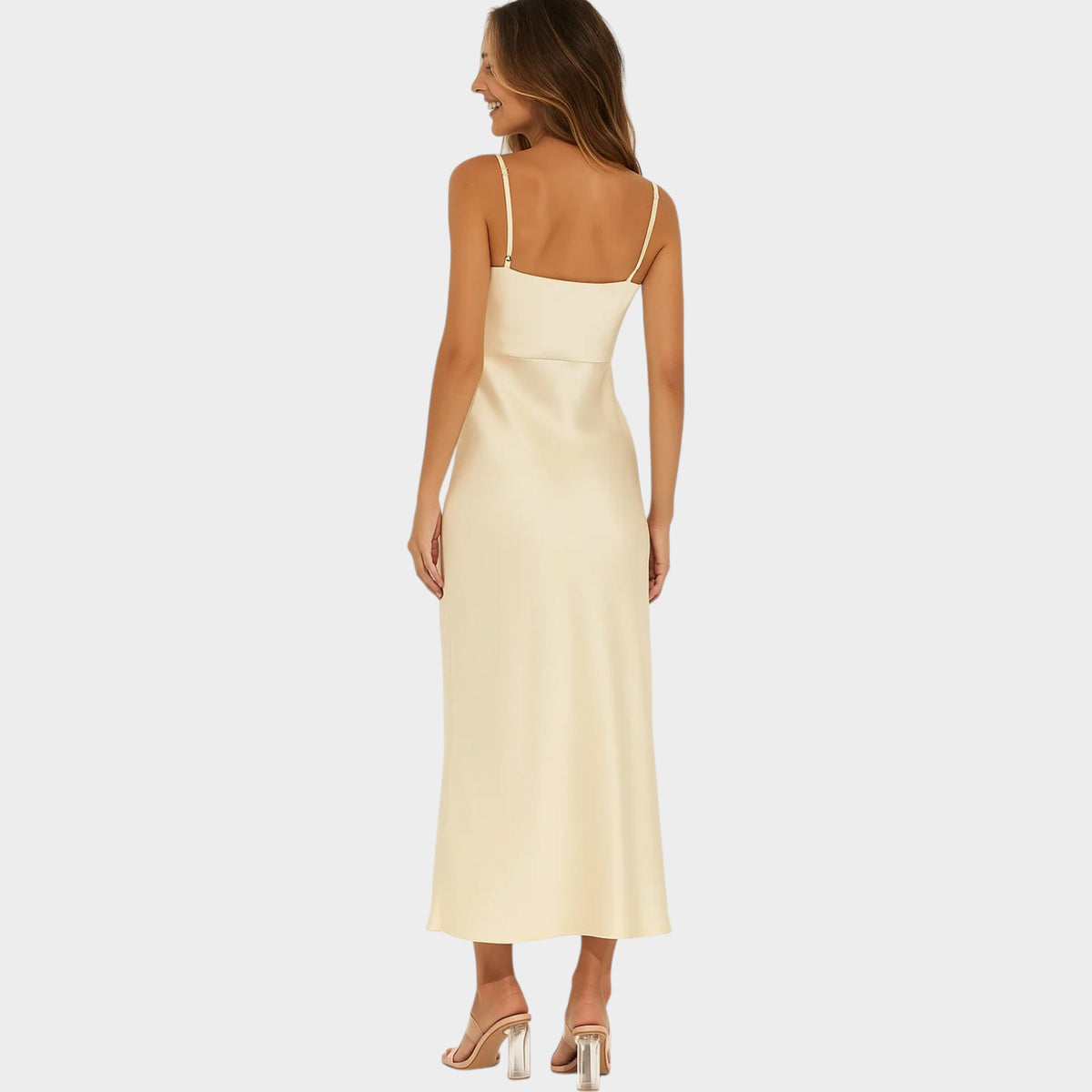 Women’s Satin Maxi Dress with Adjustable Straps and Side Slit