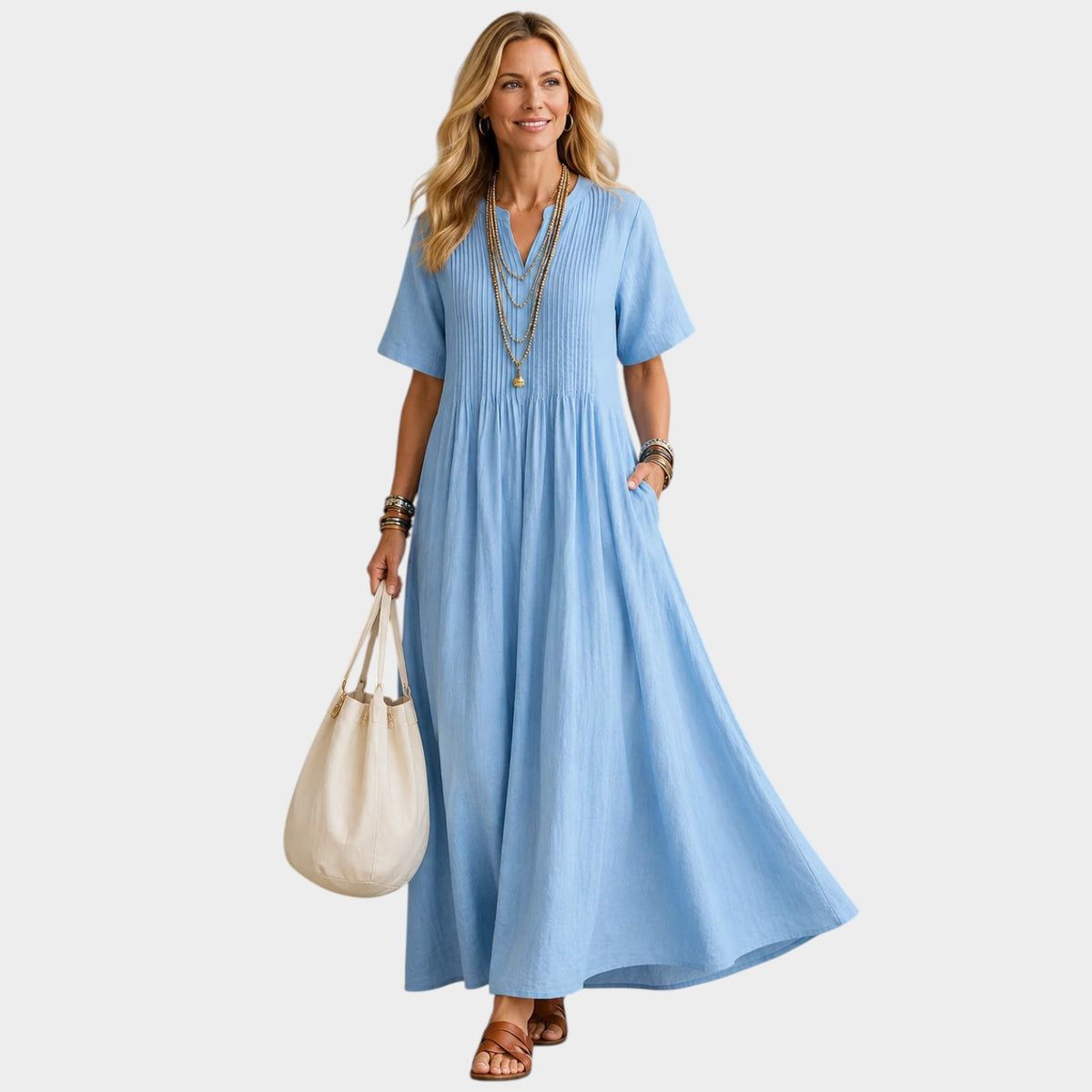 Women’s Pleated V-Neck Maxi Dress with Short Sleeves and Side Pockets