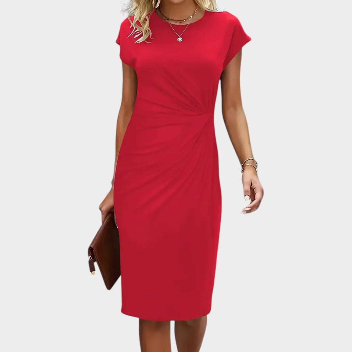 Women’s Midi Dress with Round Neck and Ruched Waist Detail