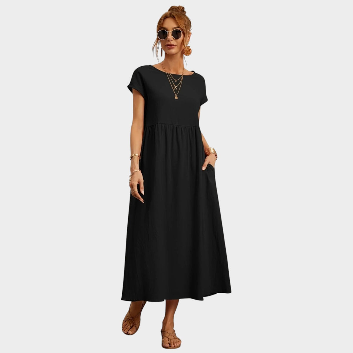 Women’s Round Neck Midi Dress with Short Sleeves and Side Pockets