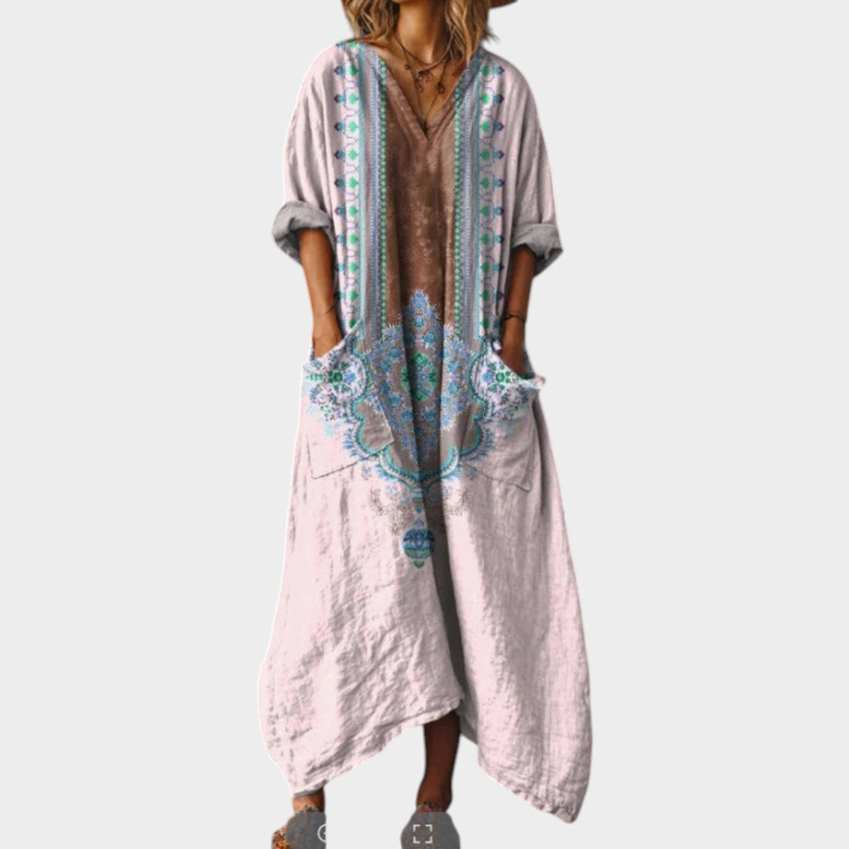Women’s Boho Midi Dress with Long Sleeves, Vintage Print and Side Pockets