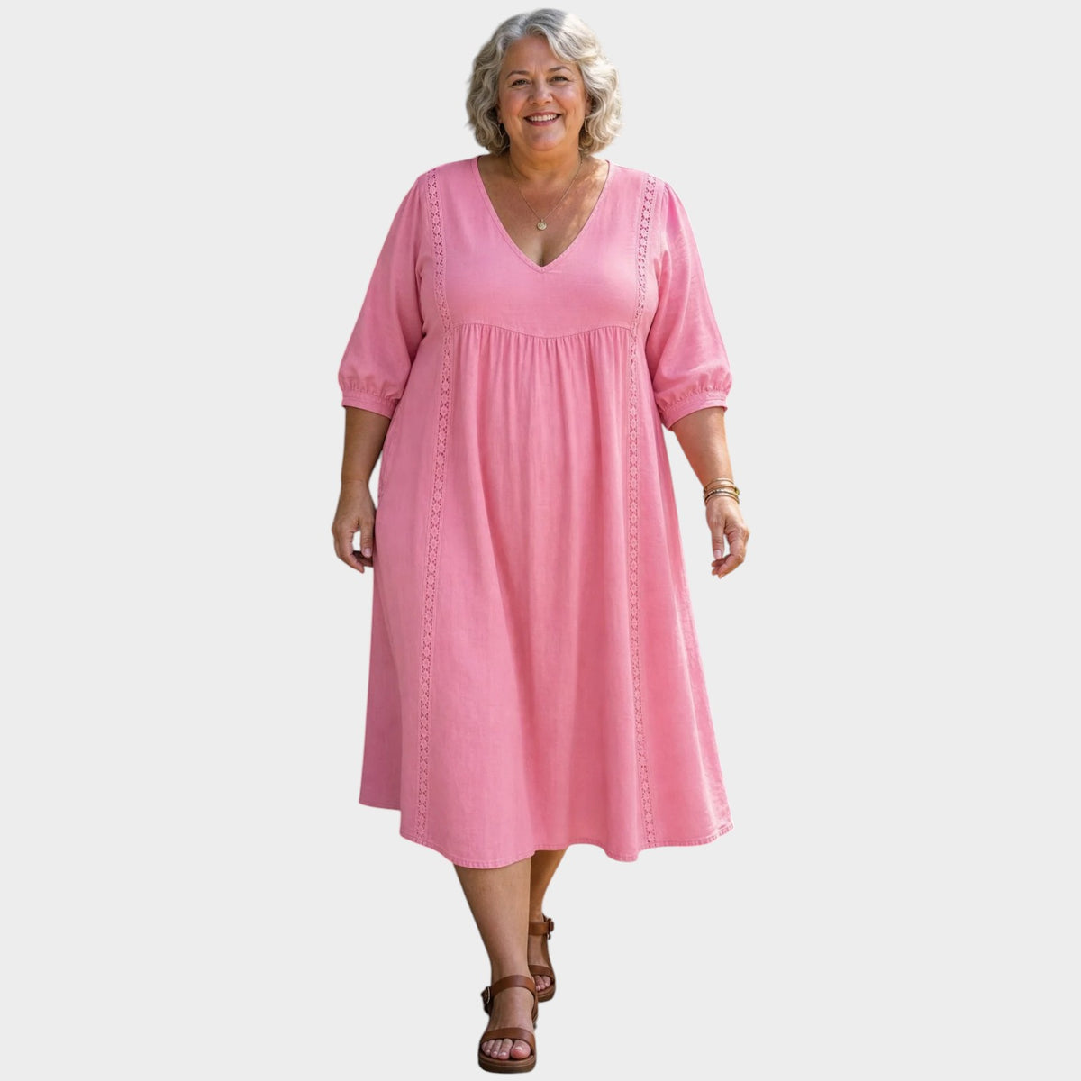 Women’s A-Line Midi Dress with V-Neck, Three-Quarter Sleeves and Lace Trim