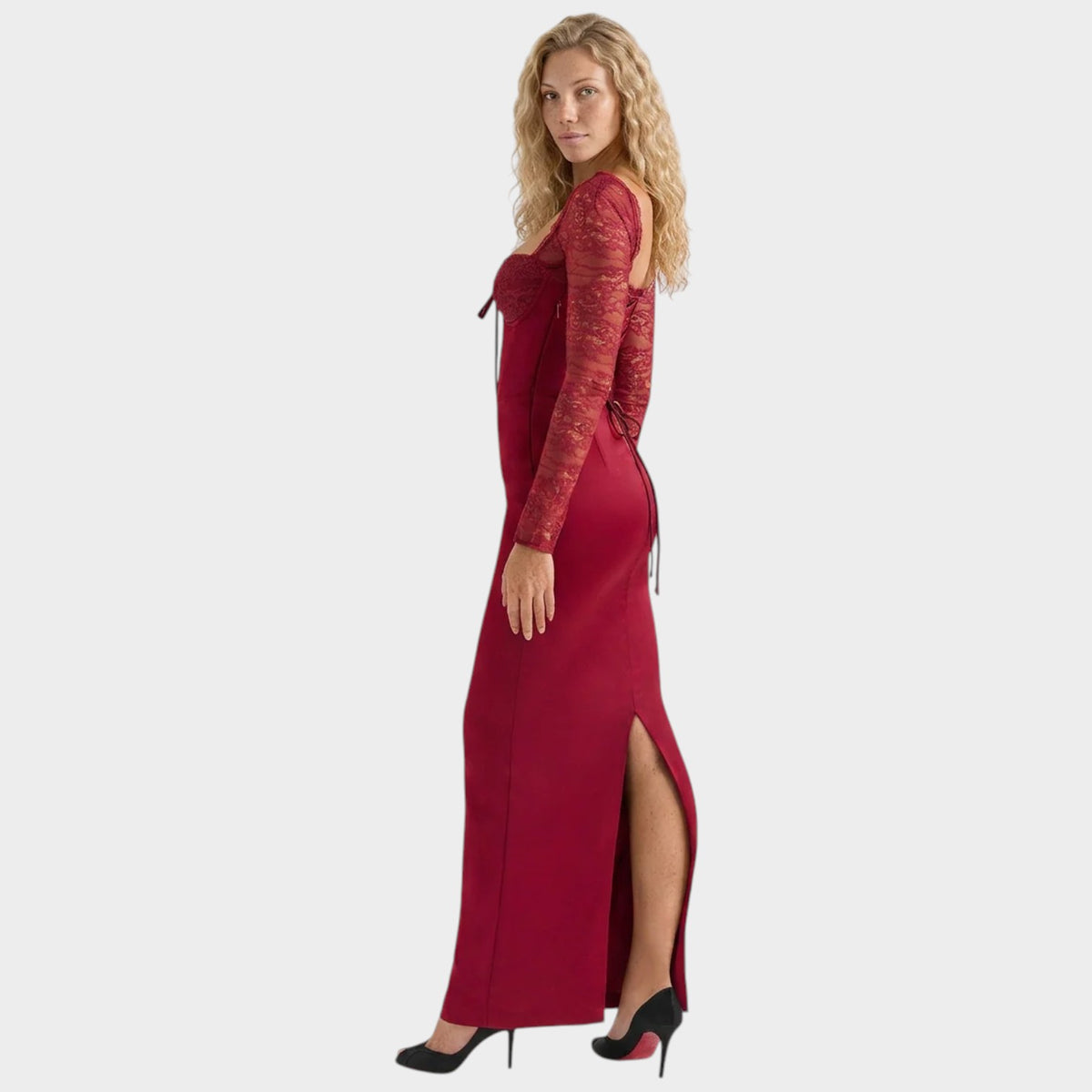 Women’s Satin-Look Corset Maxi Dress with Lace Sleeves and Sweetheart Neckline
