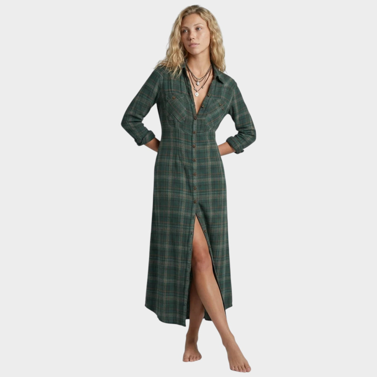 Women’s Plaid Shirt Maxi Dress with Button Front and Long Sleeves
