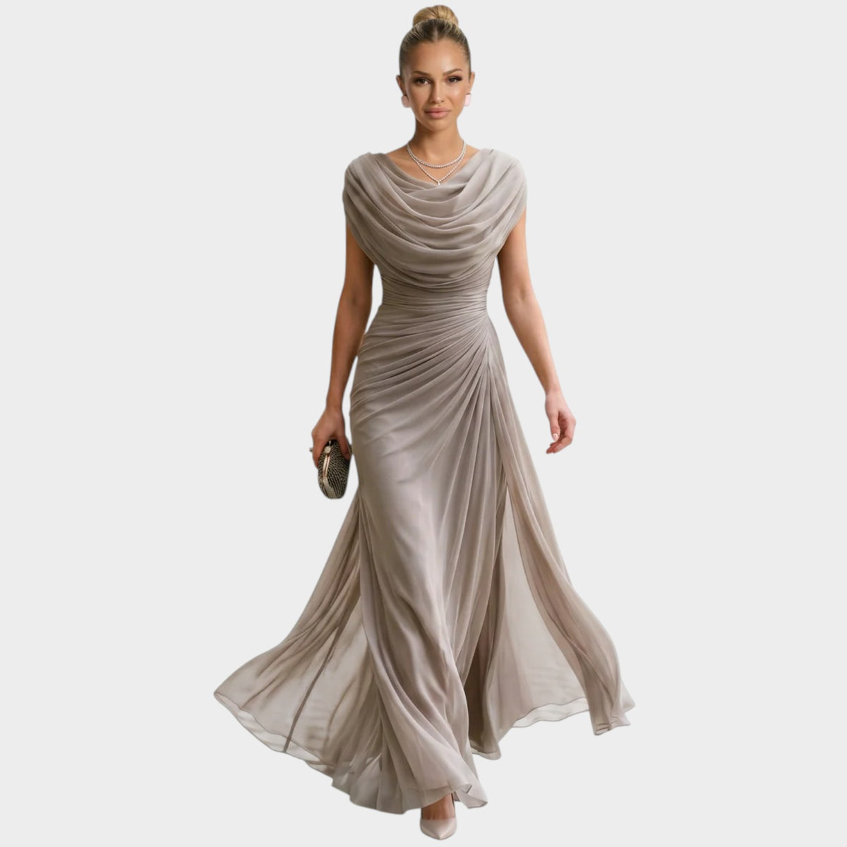 Women’s Maxi Dress with Draped Cowl Neck Ruched Waist