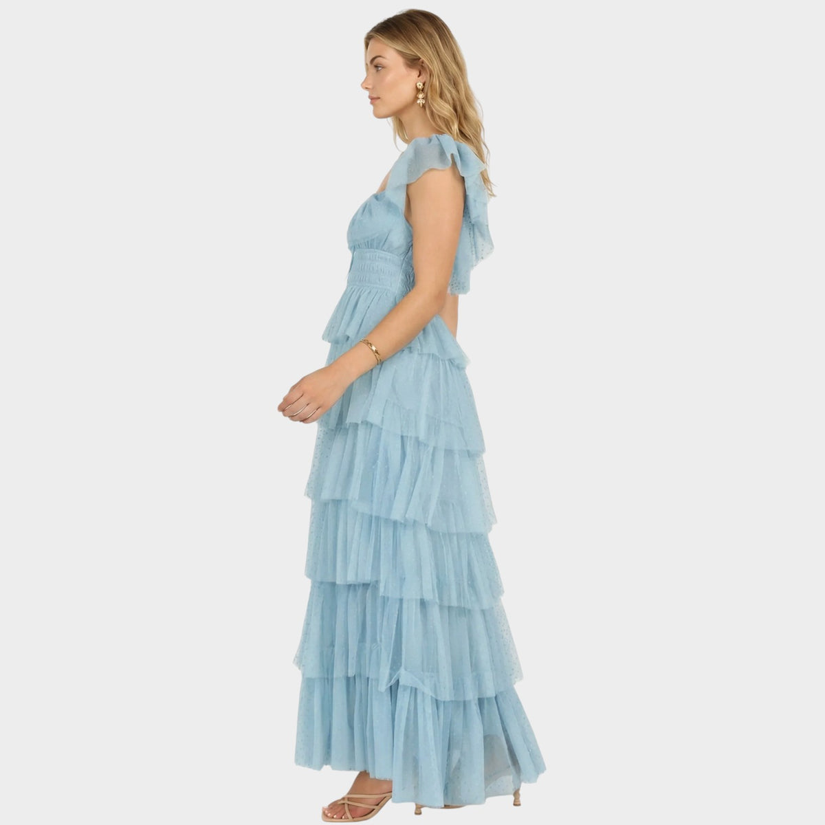 Women’s Tiered Ruffle Maxi Dress with Square Neckline and Short Flutter Sleeves