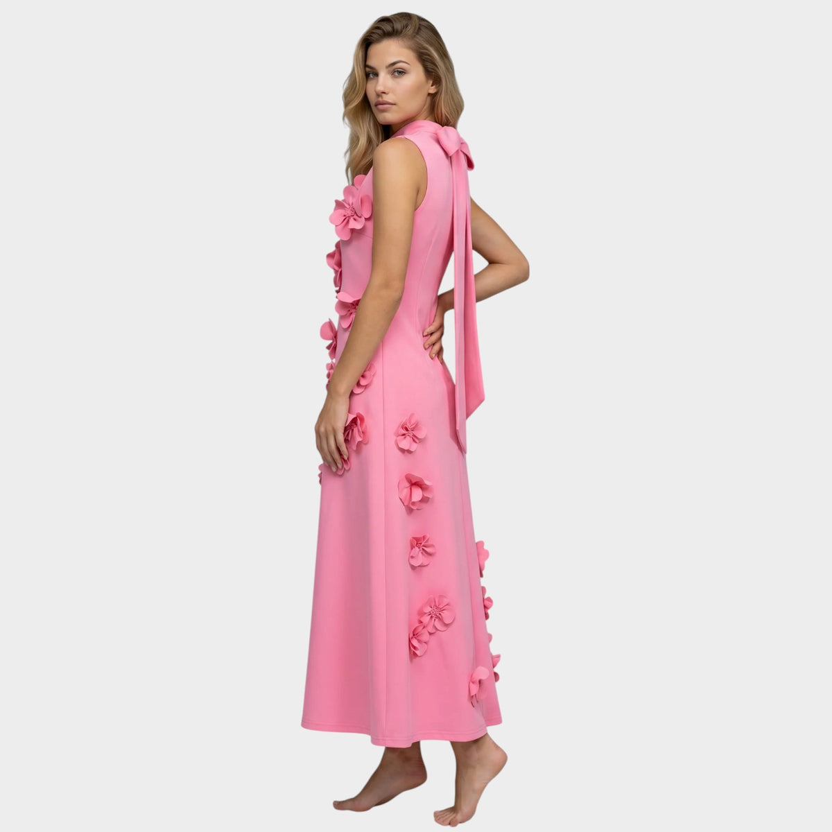Women’s Floral Appliqué Maxi Dress with High Neck and Sleeveless Design