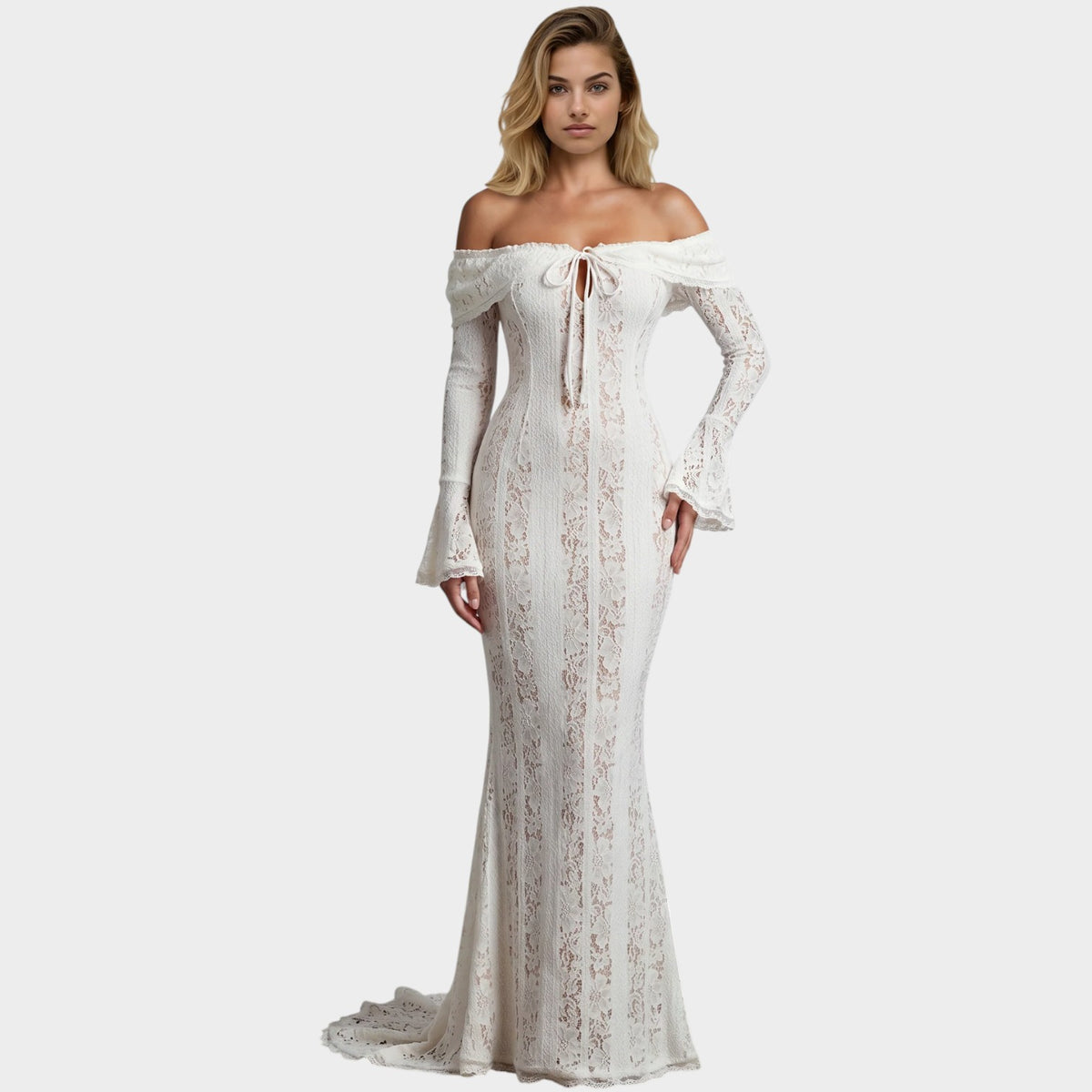 Women’s Off-Shoulder Lace Maxi Dress with Long Bell Sleeves and Front Tie