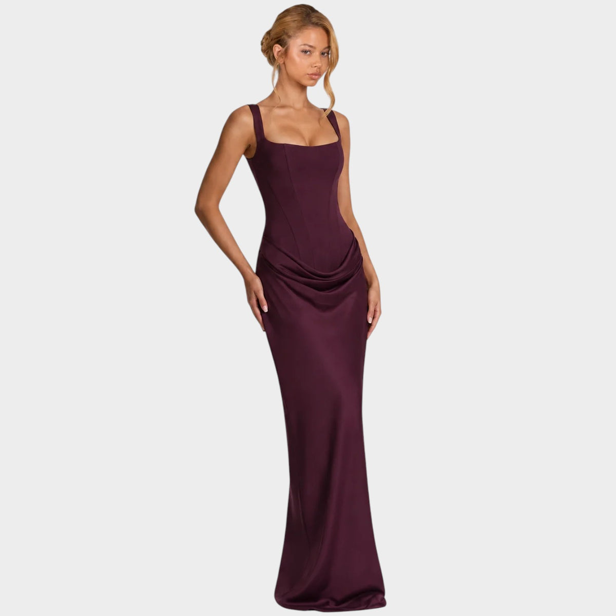Women’s Corset Maxi Dress with Square Neckline, Draped Skirt and Lace-Up Back