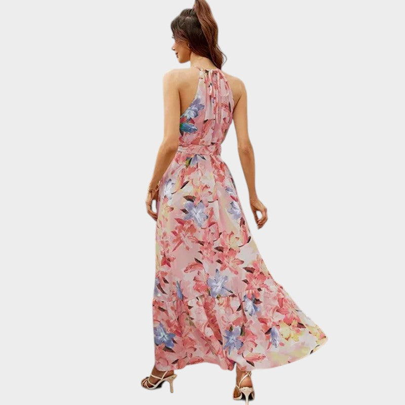 Women’s Floral Halter Neck Maxi Dress with Waist Tie and Tiered Skirt
