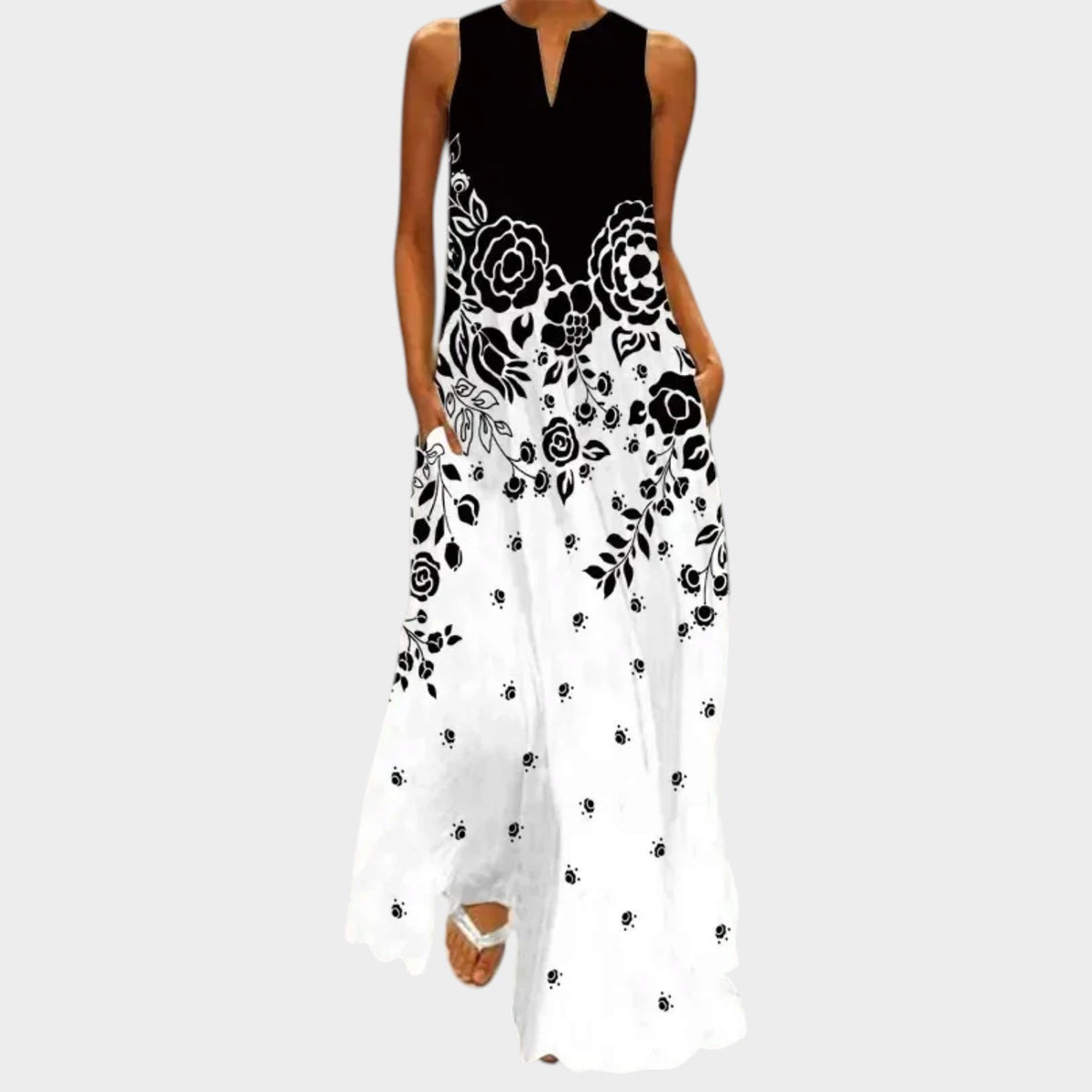 Women’s Sleeveless Maxi Dress with V-Neck, A-Line Fit and Printed Design