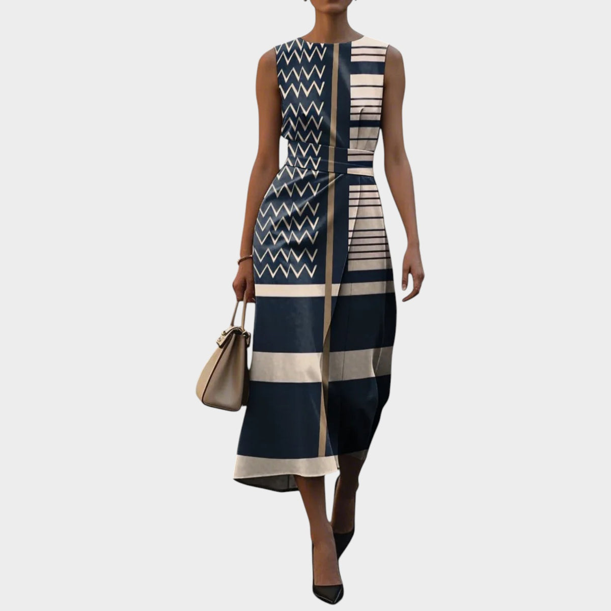 Women’s Sleeveless Midi Dress with Floral Pattern and Waist Detail