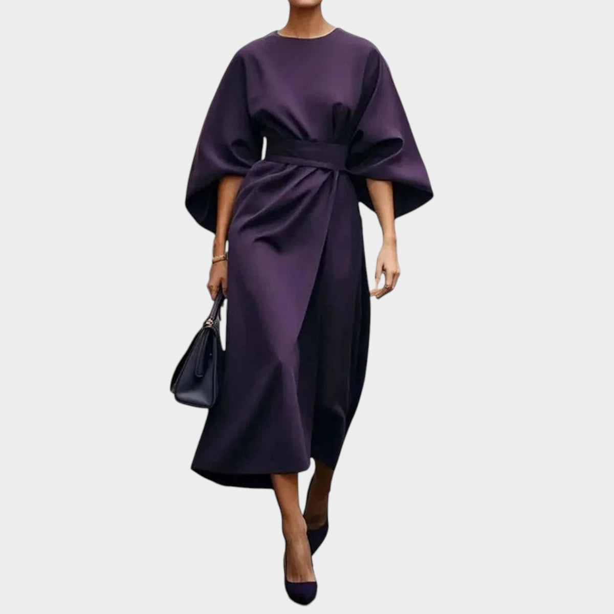 Women’s Satin Maxi Dress with Kimono Sleeves and Defined Waist