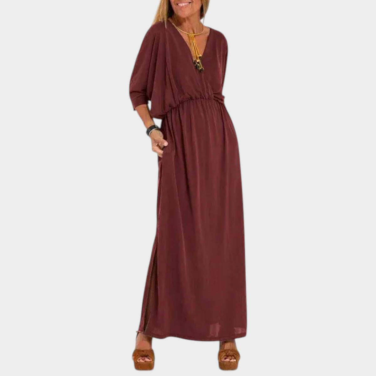 Women’s Vintage Maxi Dress with V-Neckline, Three-Quarter Sleeves and Side Slit