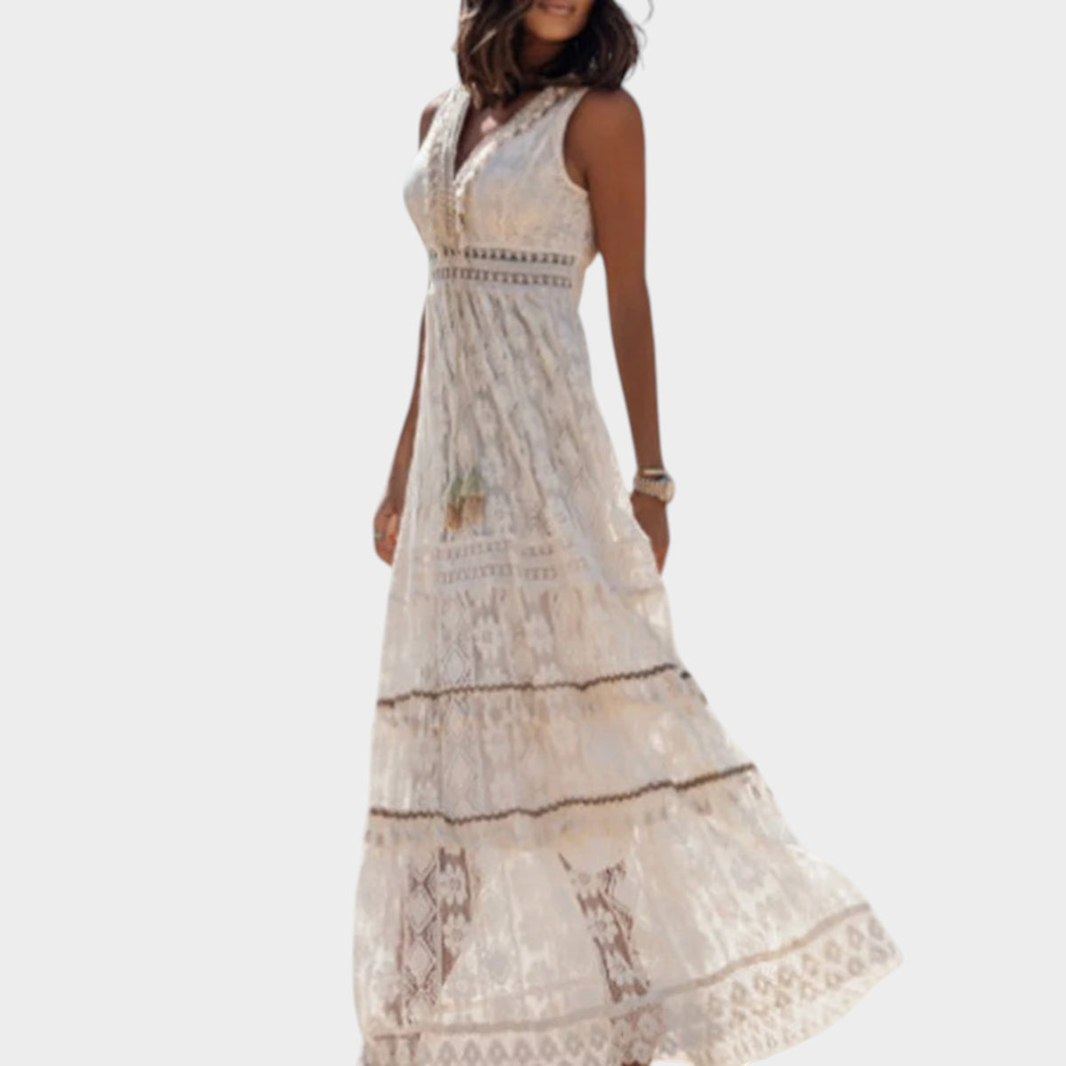 Women’s Embroidered Maxi Dress with Sleeveless V-Neck and High Side Slit