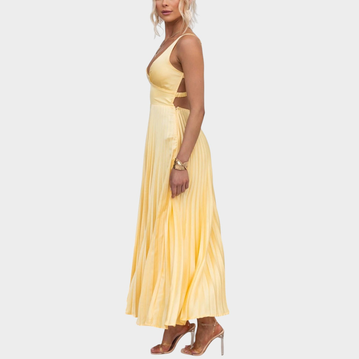 Women’s Pleated Maxi Dress with V-Neck and Cross-Back Straps