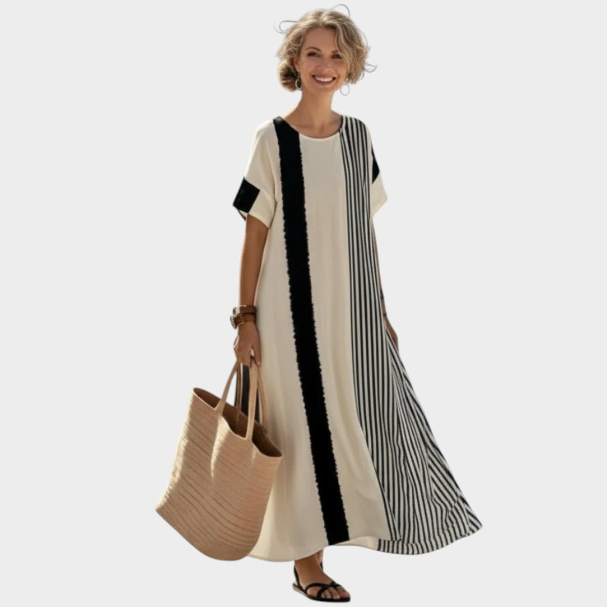 Women’s Striped Maxi Dress with Short Sleeves and Relaxed Fit