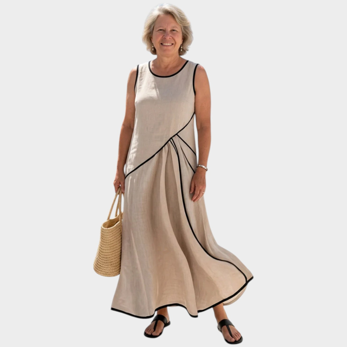 Women’s Sleeveless Maxi Dress with Round Neckline and Contrast Trim