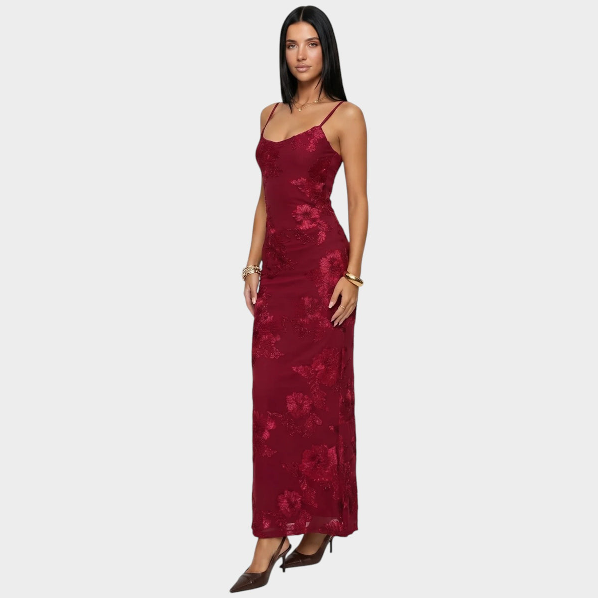 Women’s Floral Lace Maxi Dress with Spaghetti Straps and Fitted Silhouette