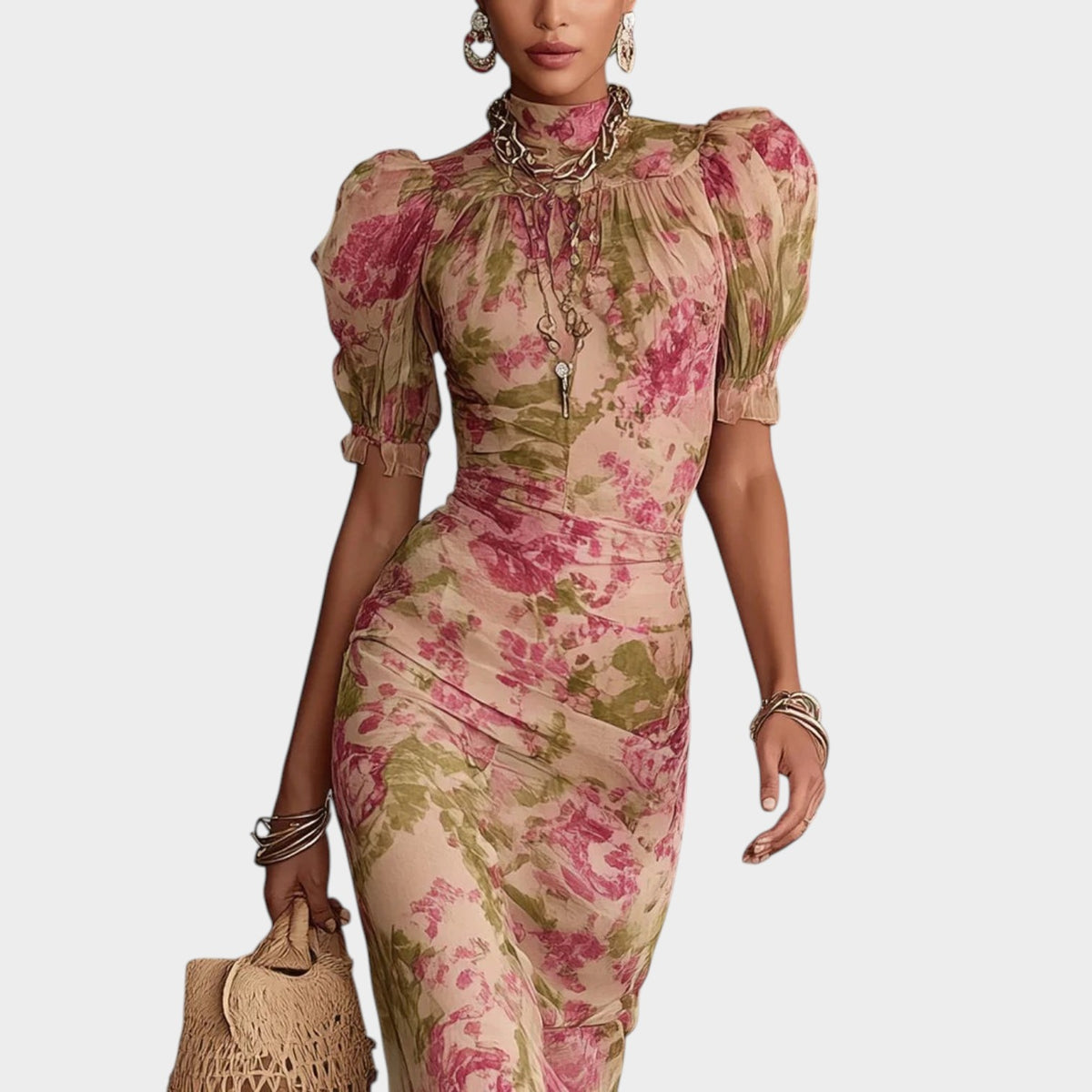 Women’s Floral Maxi Dress with Puff Sleeves, High Neck and Ruffle Hem
