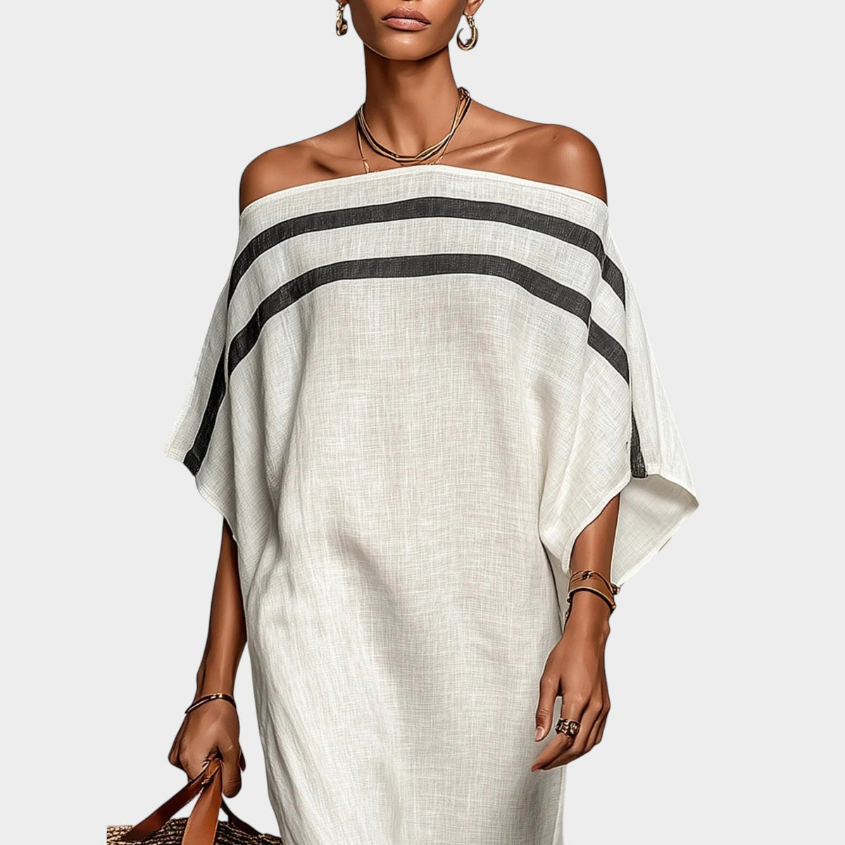 Women’s Off-Shoulder Maxi Dress with Batwing Sleeves and Striped Detail