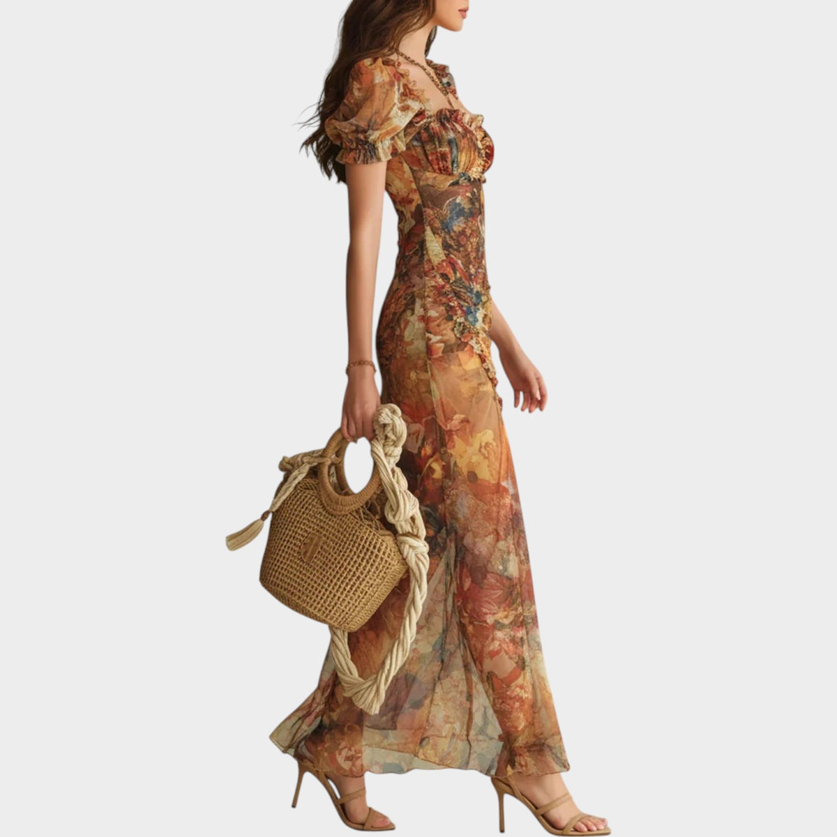 Women’s Floral Chiffon Maxi Dress with Puff Sleeves, Ruched Bodice and Side Slit