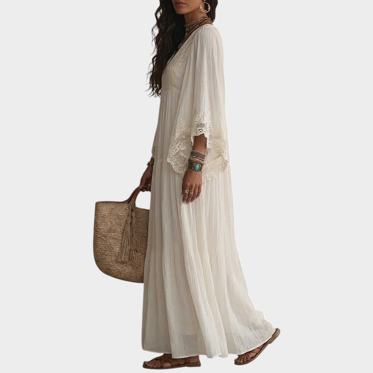 Women’s Ivory Maxi Dress with Lace V-Neck and Wide Sleeves