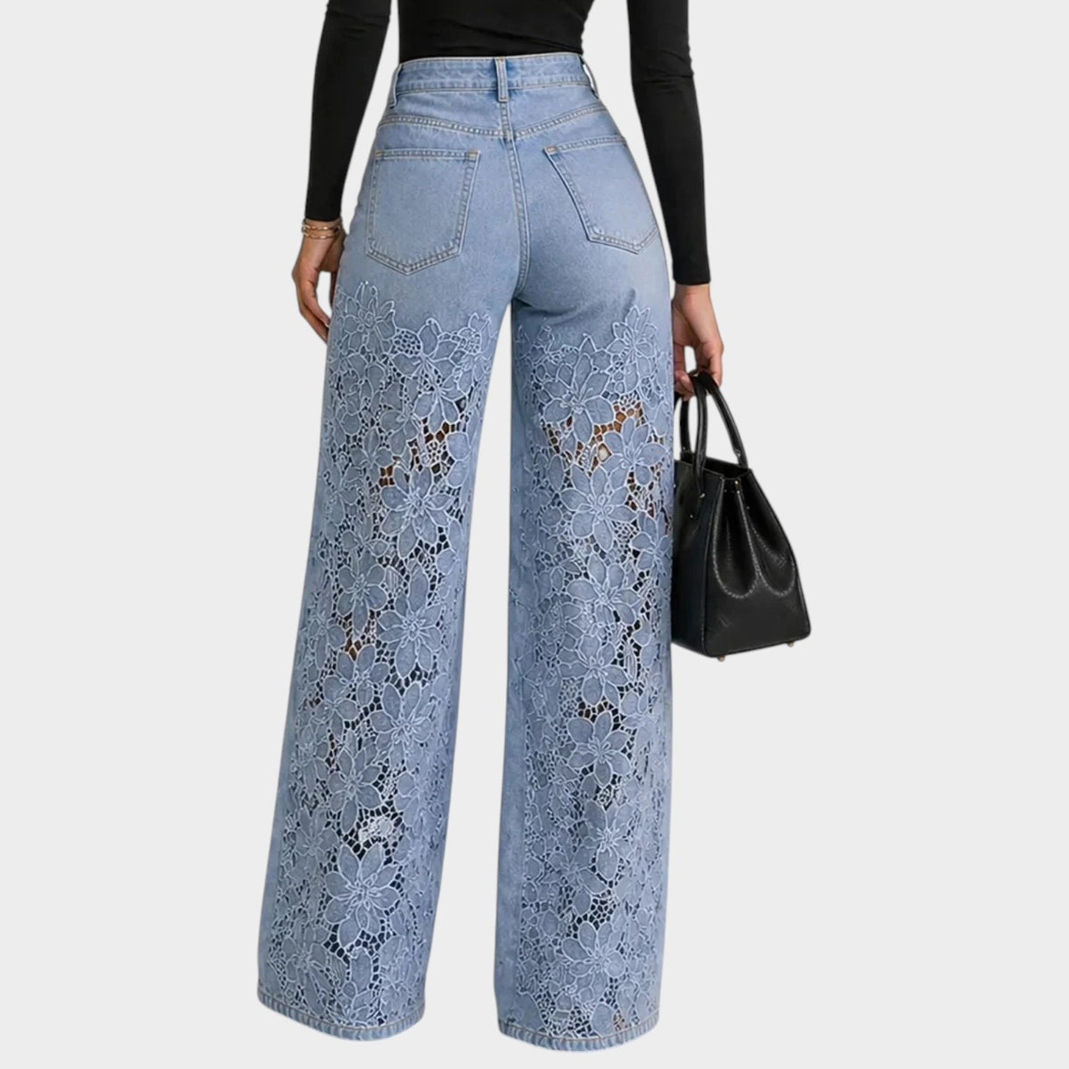 Women’s High-Waisted Wide-Leg Jeans with Floral Lace Panels
