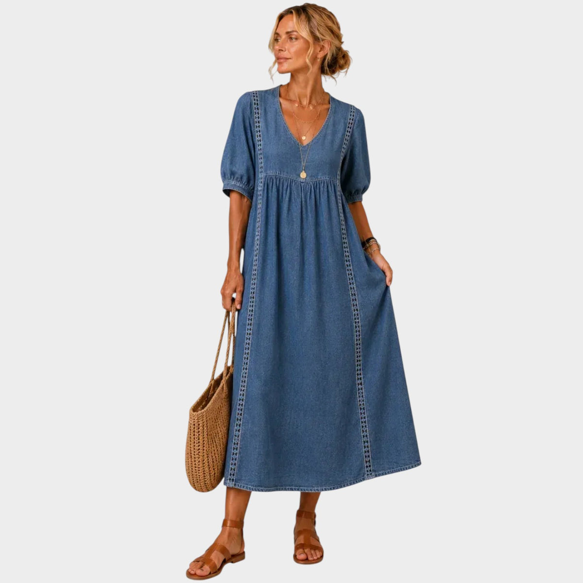 Women’s V-Neck Maxi Dress with Puff Sleeves and Lace Trim