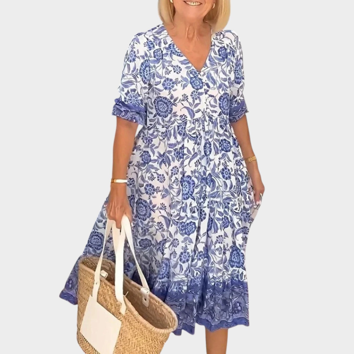 Women’s Floral Maxi Dress with V-Neckline and Relaxed Fit
