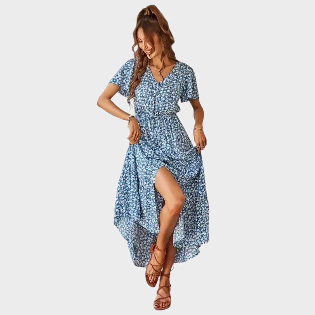 Women’s Floral Print Maxi Dress with V-Neckline, Short Sleeves and Button Front