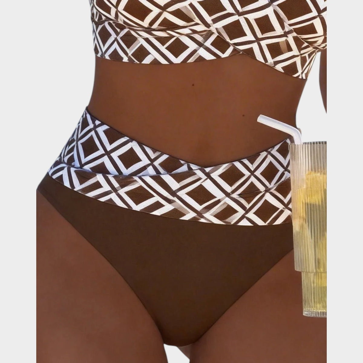 Women’s Bikini Set Check Print Wireless Bra High-Waisted Bottoms