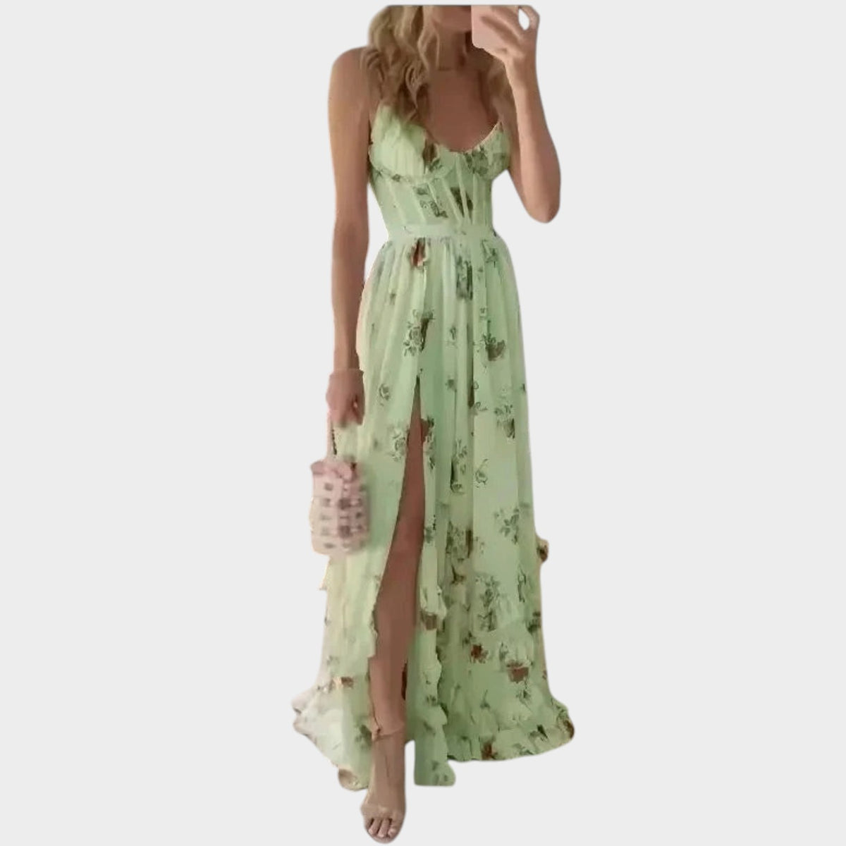 Women’s Floral Maxi Dress with Spaghetti Straps, Ruched Bodice and High Side Slit
