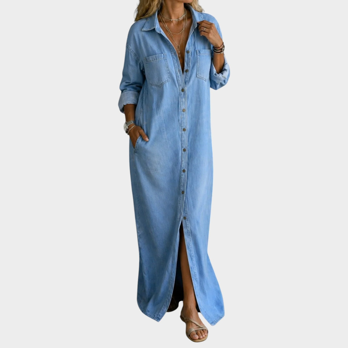Women’s Denim Shirt Maxi Dress with Button-Down Front and Side Pockets