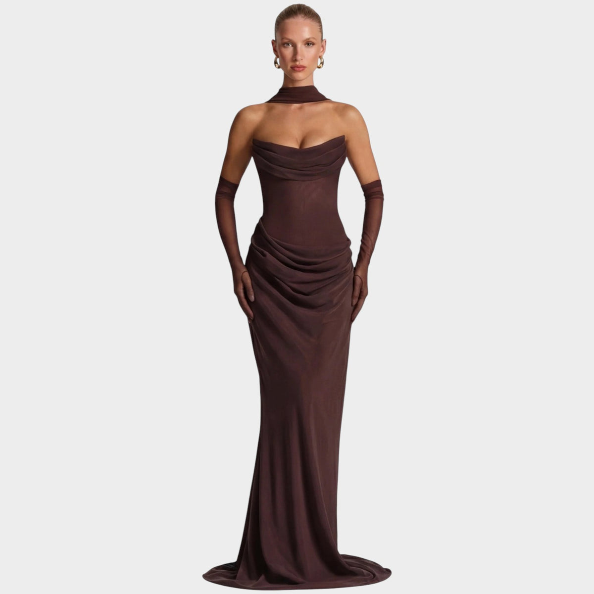 Women’s Draped Maxi Evening Dress with Strapless Neckline and Matching Scarf Detail