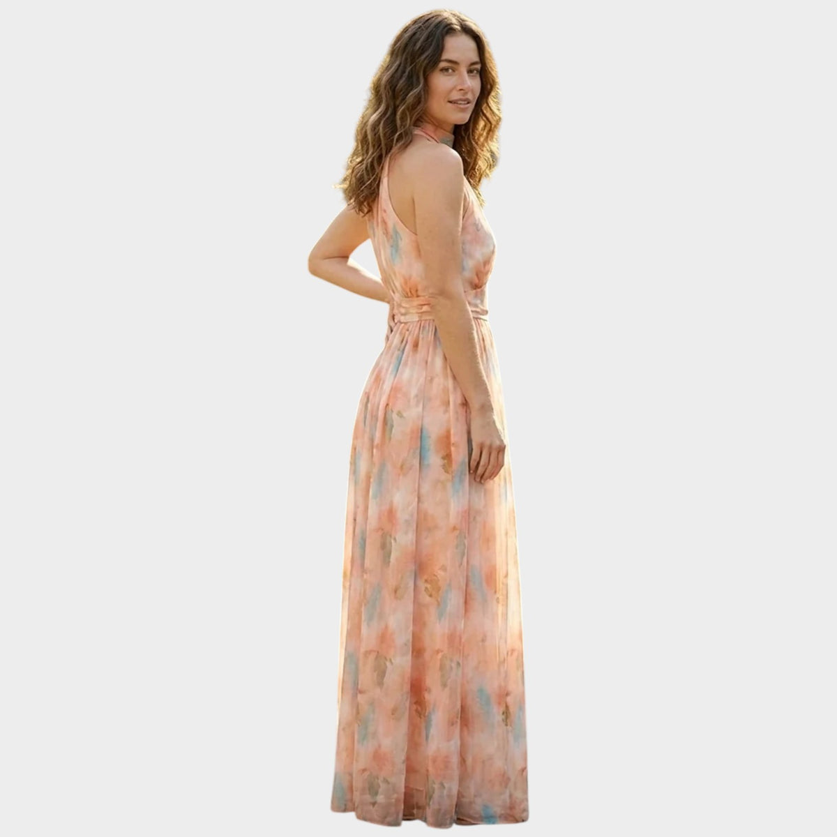 Women’s Halterneck Maxi Dress with Watercolour Floral Print and Defined Waist