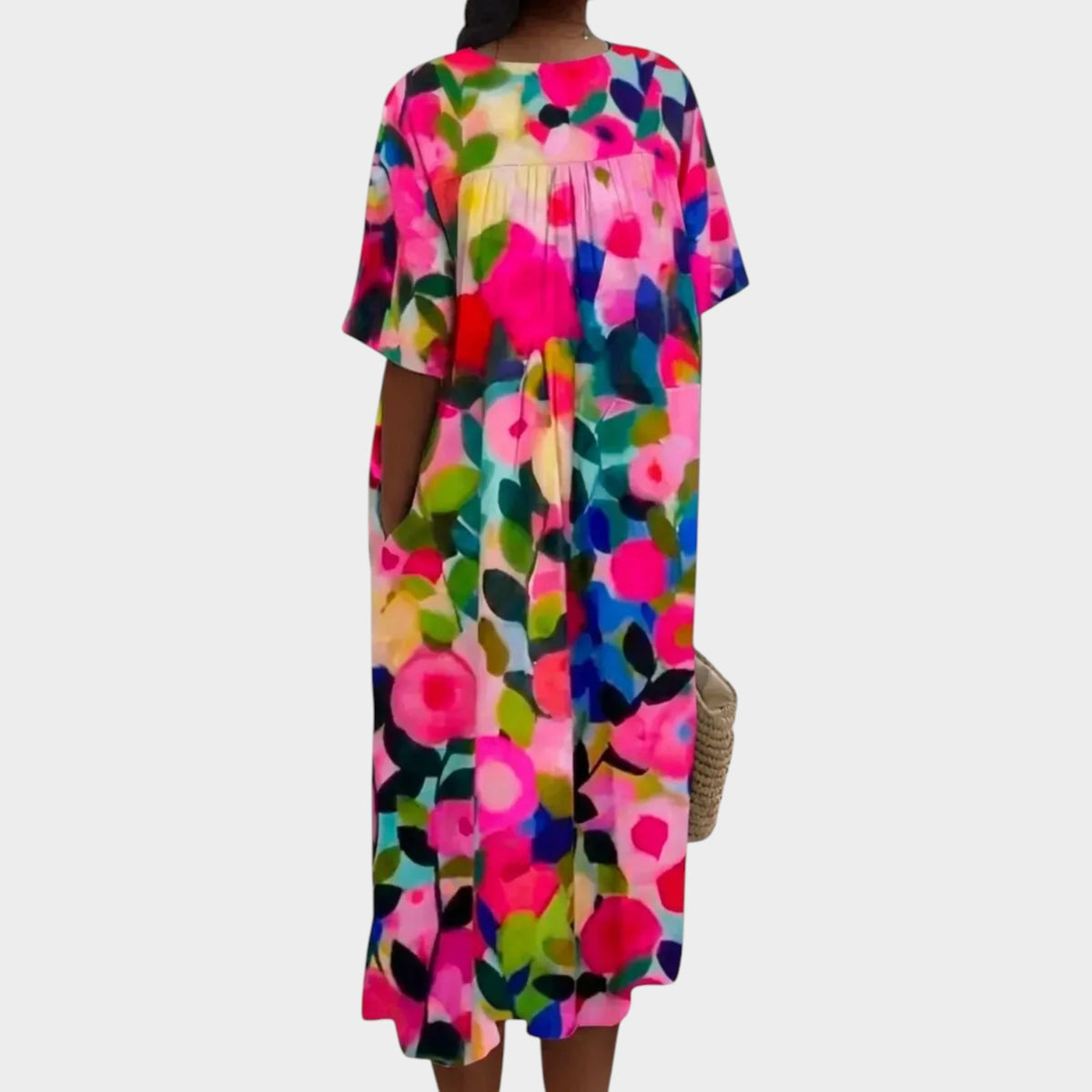 Women’s Floral Print Midi Dress with V-Neck and Short Sleeves