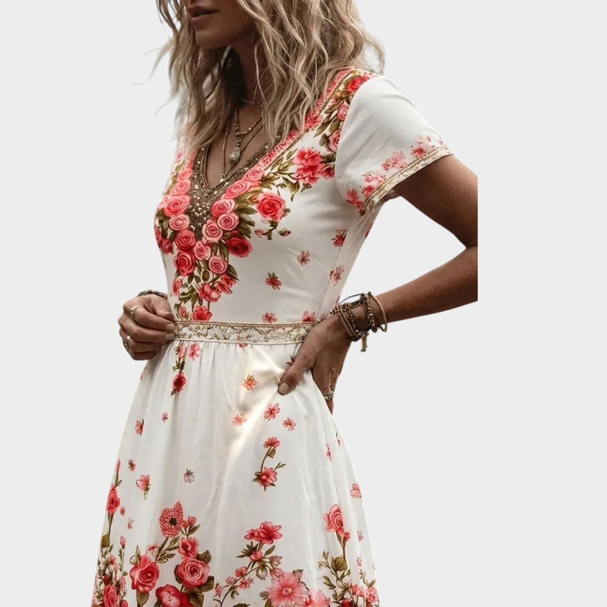 Women’s Floral V-Neck Midi Dress with Short Sleeves