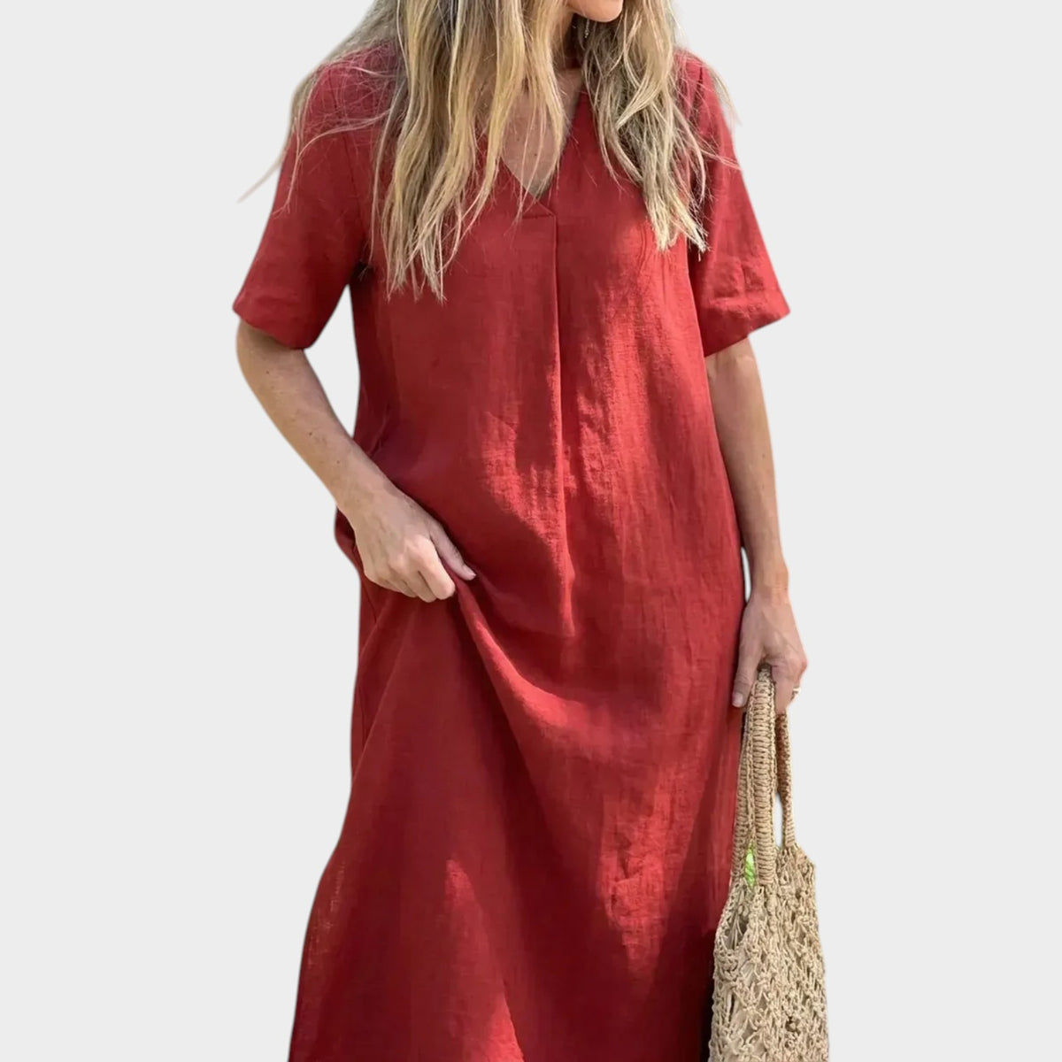 Women’s Cotton and Linen Maxi Dress with V-Neck and Short Sleeves