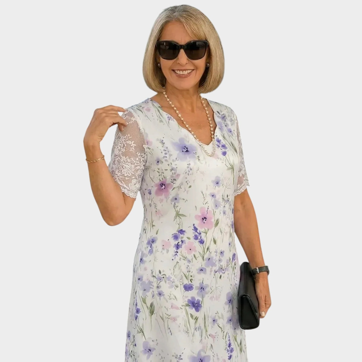 Women’s Floral Midi Dress with Lace Trim and Short Sleeves