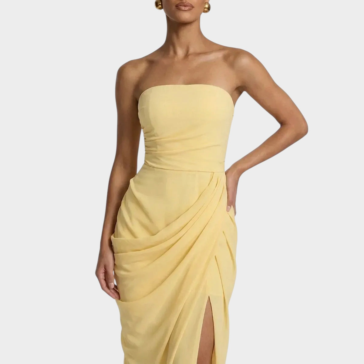 Women’s Strapless Maxi Dress with Draped Waist and Side Slit