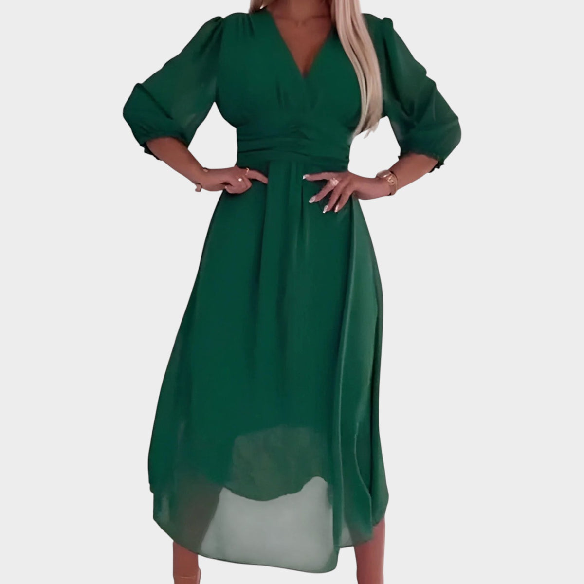 Women’s Chiffon Midi Dress with V-Neck and 3/4 Sleeves